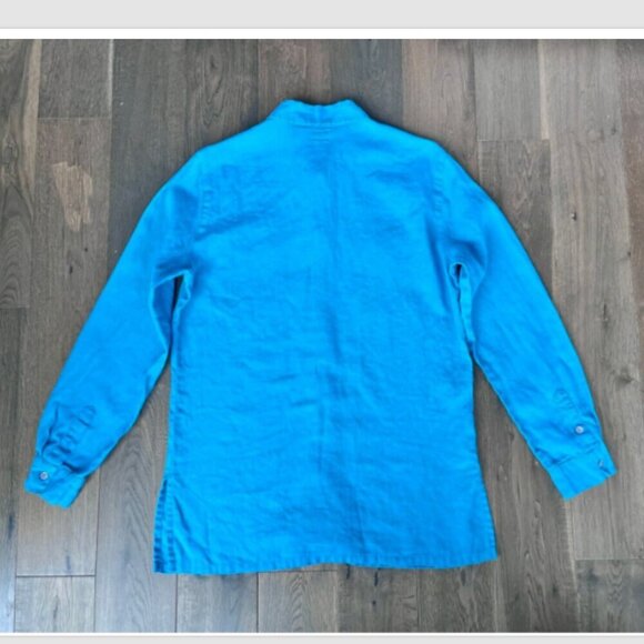 Lino by Chico's 100% Linen Button Front Blouse Size 1/M Lagoon Blue Lagenlook - Picture 3 of 6